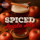 Glass of spiced apple ale with cinnamon stick surrounded by apples, featuring 'Spiced Apple Ale' text.