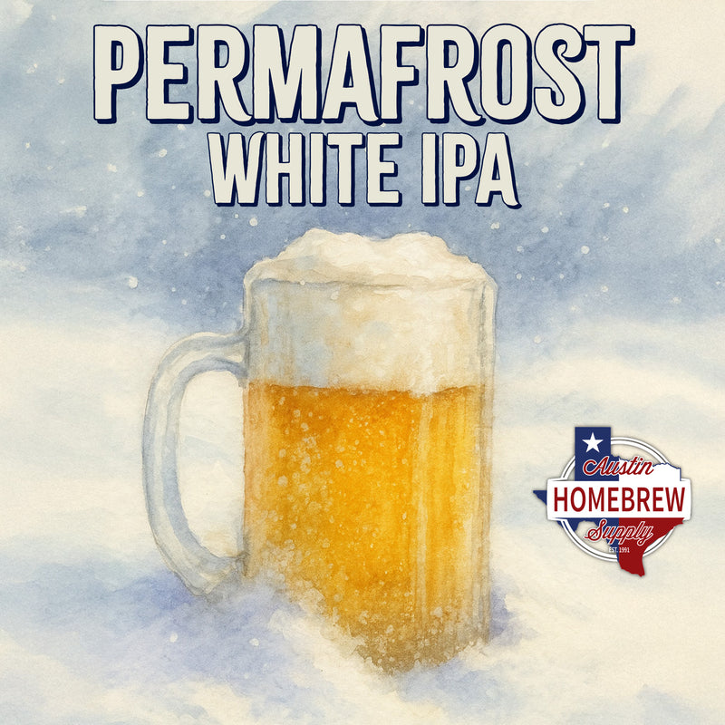 Mug of Permafrost White IPA with snowflakes and 'Austin Homebrew Supply' logo.