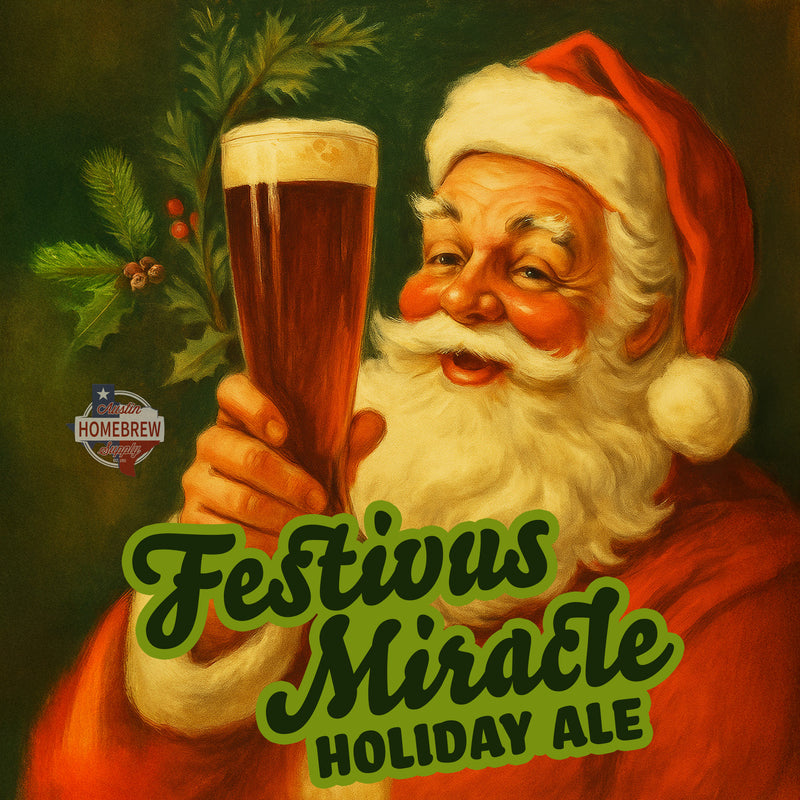 Santa Claus holding a glass of Festivus Miracle Holiday Ale with a Homebrew logo.