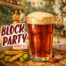 Vintage-style illustration of a block party with a glass of amber ale, wheat, and a grill.