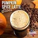 Glass of Pumpkin Spice Latte Stout with pumpkins and coffee beans on a wooden background, featuring Homebrew Supply logo.