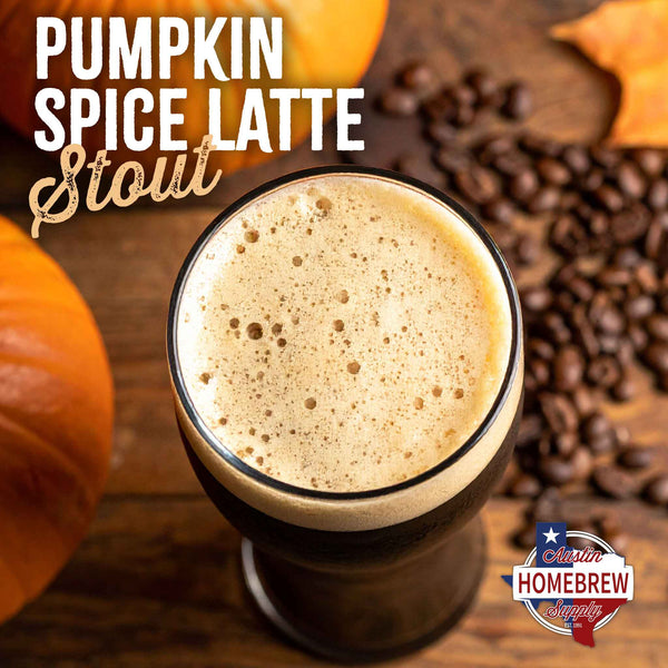Glass of Pumpkin Spice Latte Stout with pumpkins and coffee beans on a wooden background, featuring Homebrew Supply logo.