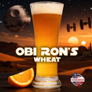 Glass of Obi Ron's Wheat beer with an orange slice on a Star Wars-themed background