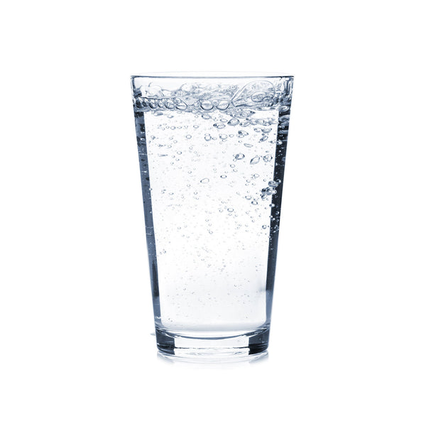 A glass of Plain Hard Seltzer with ice and bubbles.