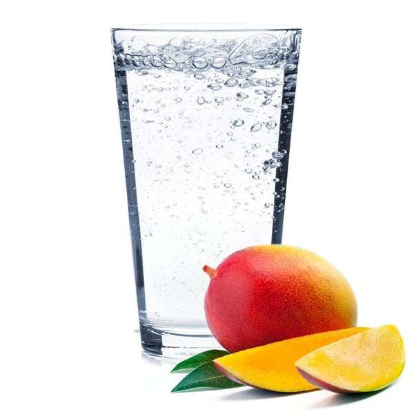 A glass of Mango Hard Seltzer with a mango slice.