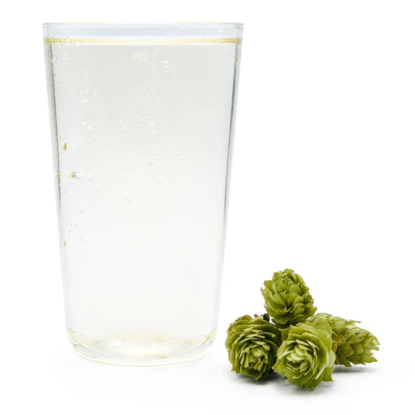 A glass of Hopped Hard Seltzer with Cascade hops.