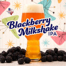 Glass of Blackberry Milkshake IPA with blackberries and colorful abstract shapes in the background