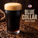 Glass of Blue Collar Coffee Stout surrounded by coffee beans on a wooden surface.