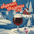 Vintage-style Christmas Ale label with a glass of ale, snowy landscape, and cabin.