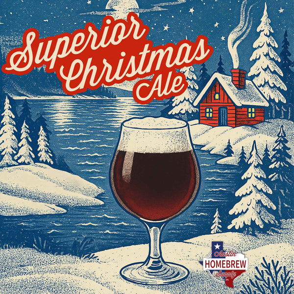 Vintage-style Christmas Ale label with a glass of ale, snowy landscape, and cabin.