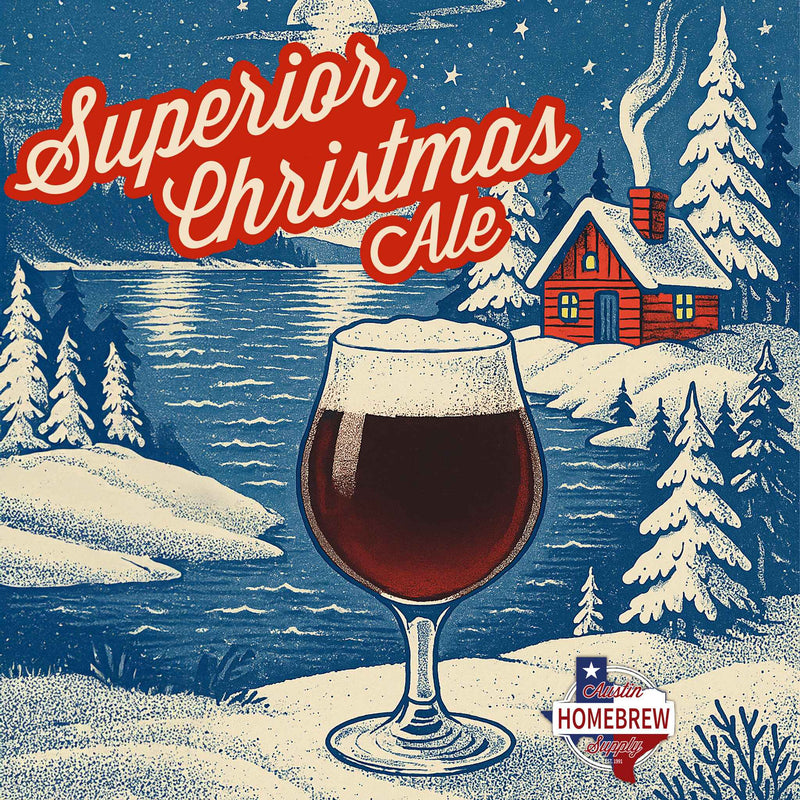 Vintage-style Christmas Ale label with a glass of ale, snowy landscape, and cabin.