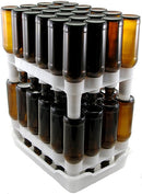 Stack of brown glass bottles in a FastRack bottle holder on a white background