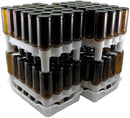 FastRack Stack of brown beer bottles with white caps on a white rack