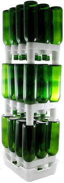 Fastrack Stack of green wine bottles in a white bottle rack