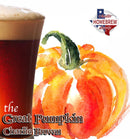 Glass of dark beer next to a watercolor pumpkin with 'Austin Homebrew Supply' logo.