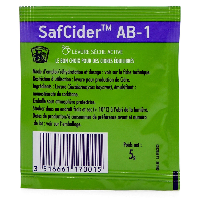 Backside of SafCider™ AB-1 Dry Yeast package