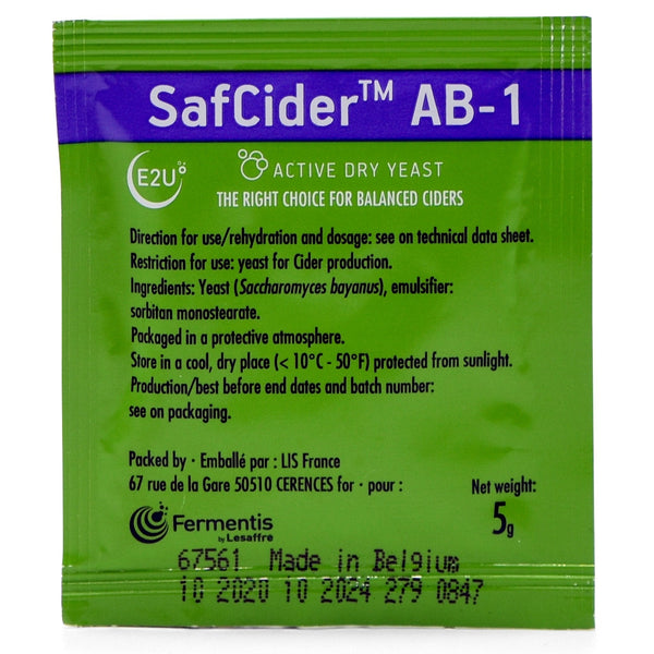 Front side of SafCider™ AB-1 Dry Yeast package