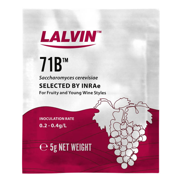 Lalvin 71B yeast package with grape illustration on a white background