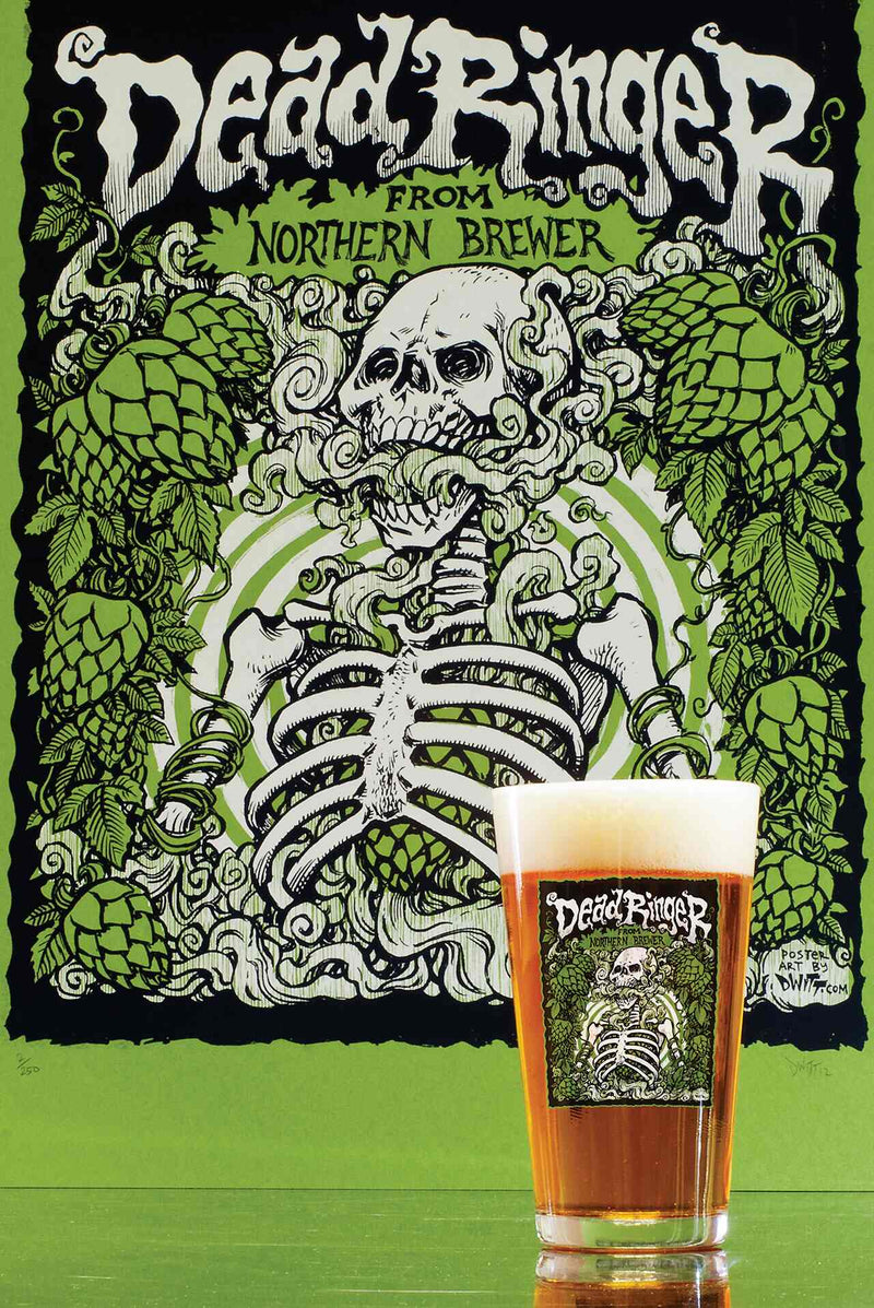 Dead Ringer beer label with skeleton and hops design, accompanied by a glass of beer on a green background.