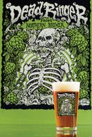 Dead Ringer beer label with skeleton and hops design, accompanied by a glass of beer. Bell's Two Hearted Clone