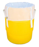 Yellow laundry basket with a white liner on a white background