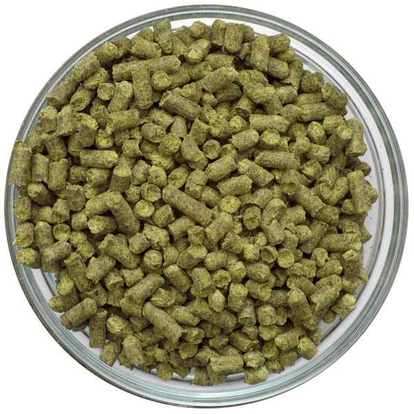Dolcita hop pellets in a glass bowl on a white background