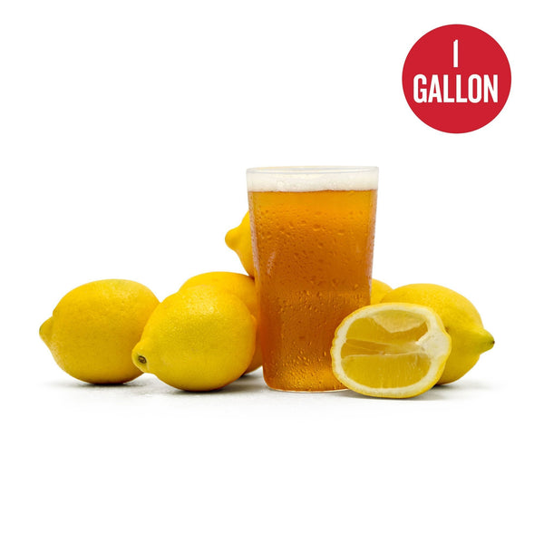Summer Squeeze Lemon Shandy in a glass surrounded by cut lemons, with the text "1-gallon" written in a red circle at the top right of the image
