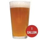 Chinook IPA homebrew in a glass with a red circle containing the text "One gallon"