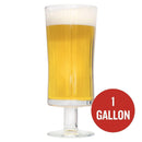 Tall glass of Saison au Miel homebrew with a red circle containing "1 Gallon" text
