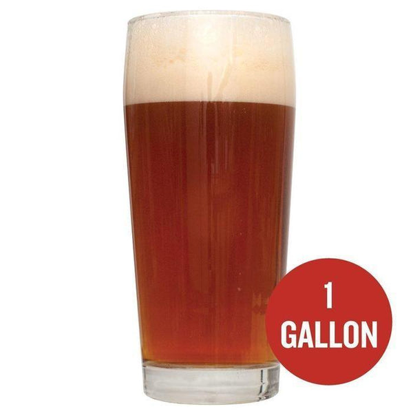 Brickwarmer Holiday Red homebrew in a glass with the text "1 Gallon" in a red circle