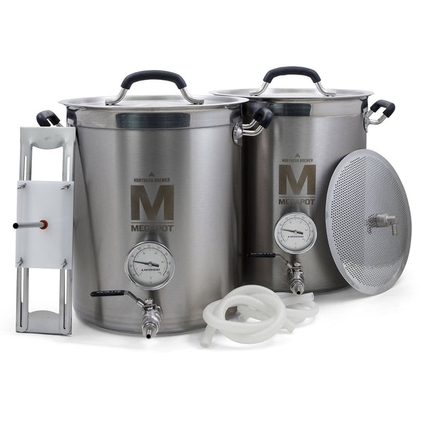 Megapot Brew Kettle All Grain system includes With Ball Valve and Thermometer on both Kettles, Sparge Arm, Hoses and False Bottom