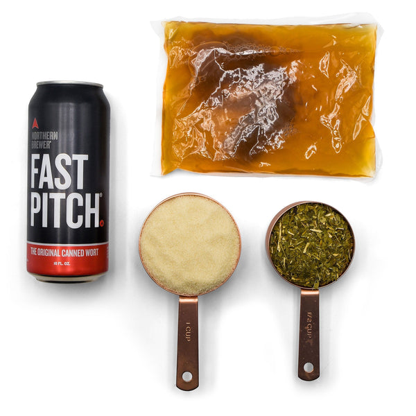 SCOBY in its packaging, Fast Pitch wort can, Yerba Mate tea blend, and Maltofusion