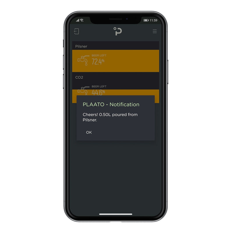 Phone displaying PLAATO app with a pour notification