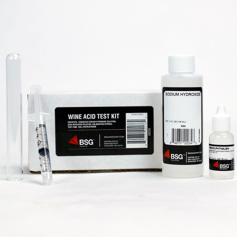 Acid Test Kit with sodium hydroxide, color indicator solution (phenolphthalein), a syringe, and a glass vial
