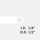 Drawing of a tube with the following text: internal diameter quarter inch, outer diameter half inch.
