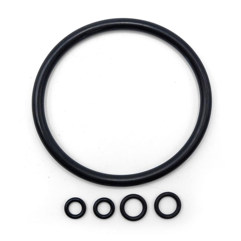 Used Keg Seal Kit, made up of one large O-ring for sealing a keg lid, and four smaller o-rings for ball and pin locks