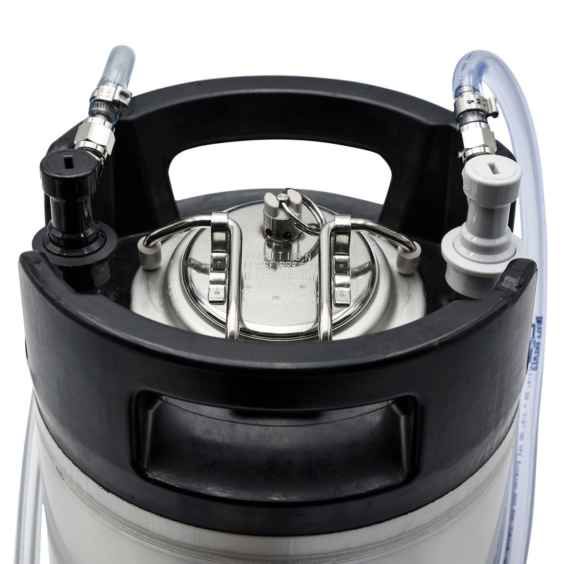 Close up of ball lock connections on keg lid